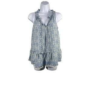 Max Studio Halter V-neck Ruffles Sleeveless Top Blue Gray Allover Print Women XS